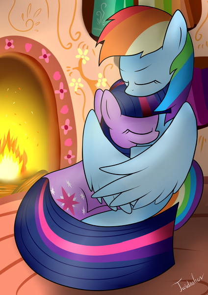 Size: 2480x3507 | Tagged: safe, artist:twidasher, derpibooru import, rainbow dash, twilight sparkle, pegasus, pony, unicorn, cuddling, female, fireplace, golden oaks library, hug, lesbian, mare, shipping, sleeping, sleeping while sitting, twidash, winghug