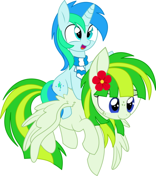 Size: 6021x6782 | Tagged: safe, artist:aureai, artist:cyanlightning, derpibooru import, oc, oc:cyan lightning, oc:green lightning, unofficial characters only, pegasus, pony, unicorn, 2018 community collab, derpibooru community collaboration, .svg available, absurd resolution, clothes, colt, cute, duo, female, flower, flower in hair, flying, lidded eyes, male, mare, mother and son, ocbetes, open mouth, ponies riding ponies, scarf, simple background, smiling, spread wings, transparent background, vector, wings