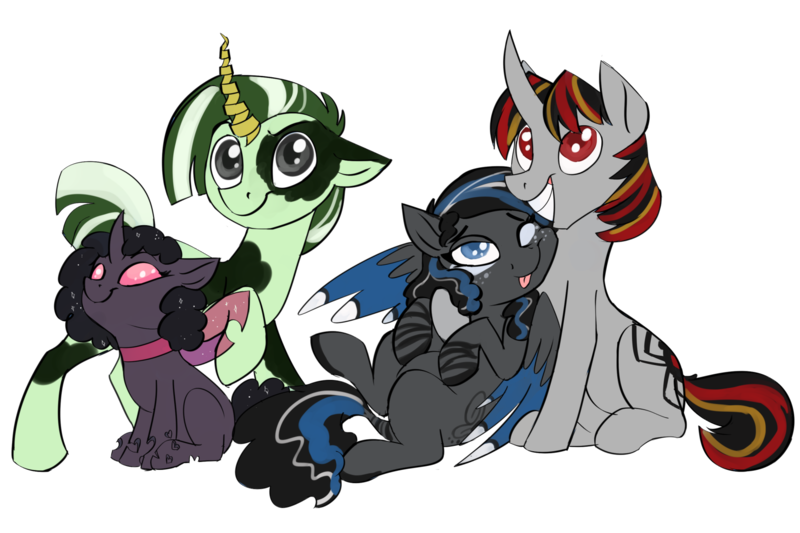 Size: 1800x1200 | Tagged: safe, artist:veesocks, derpibooru import, oc, oc:dabbledo, oc:dazzling flash, oc:spider solitare, oc:zipperfloat, unofficial characters only, changeling, hybrid, pegasus, pony, spider, unicorn, zebra, zebrasus, 2018 community collab, derpibooru community collaboration, changeling oc, collar, curved horn, cute, cutie mark, fake horn, lifted leg, looking at camera, purple changeling, simple background, smiling, sparkles, tongue out, transparent background, wings, zebra oc
