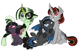 Size: 1800x1200 | Tagged: safe, artist:veesocks, derpibooru import, oc, oc:dabbledo, oc:dazzling flash, oc:spider solitare, oc:zipperfloat, unofficial characters only, changeling, hybrid, pegasus, pony, spider, unicorn, zebra, zebrasus, 2018 community collab, derpibooru community collaboration, changeling oc, collar, curved horn, cute, cutie mark, fake horn, lifted leg, looking at camera, purple changeling, simple background, smiling, sparkles, tongue out, transparent background, wings, zebra oc