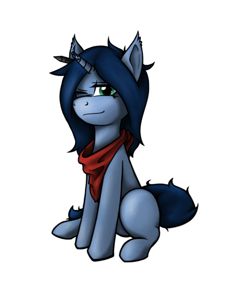 Size: 1000x1300 | Tagged: safe, artist:cobalt hex, derpibooru import, oc, oc:cobalt hex, unofficial characters only, pony, unicorn, 2018 community collab, derpibooru community collaboration, bandana, blank flank, colored, ear fluff, lined, neckerchief, one eye closed, pen, shading, simple background, sitting, smiling, solo, transparent background, wink
