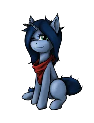 Size: 1000x1300 | Tagged: safe, artist:cobalt hex, derpibooru import, oc, oc:cobalt hex, unofficial characters only, pony, unicorn, 2018 community collab, derpibooru community collaboration, bandana, blank flank, colored, ear fluff, lined, neckerchief, one eye closed, pen, shading, simple background, sitting, smiling, solo, transparent background, wink