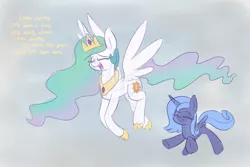 Size: 1500x1000 | Tagged: safe, artist:heir-of-rick, derpibooru import, princess celestia, princess luna, alicorn, pony, :t, cute, cutelestia, eyes closed, female, flying, gradient background, happy, here comes the sun, lunabetes, mare, open mouth, royal sisters, s1 luna, singing, smiling, song reference, spread wings, the beatles, underhoof, wings