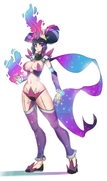 Size: 943x1599 | Tagged: absolute cleavage, alternate hairstyle, armor, artist:oughta, belly button, breasts, busty twilight sparkle, cleavage, clothes, derpibooru import, female, gloves, glowing hands, glowing horn, horn, horned humanization, human, humanized, looking at you, magic, scarf, simple background, socks, solo, solo female, suggestive, thigh highs, twilight sparkle, unconvincing armor