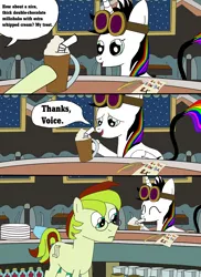 Size: 1700x2337 | Tagged: safe, artist:equestriaguy637, derpibooru import, oc, oc:lightning bliss, oc:voice of reason, unofficial characters only, alicorn, earth pony, pony, comic:a magic lesson gone wrong, alicorn oc, analysis bronies, cafe, checklist, comic, cup, cutie mark, dialogue, dish towel, dishes, drinking, food, glasses, goggles, milkshake, paper, quill pen, secret rift cafe, speech bubble, straw, table, talking, whipped cream, window