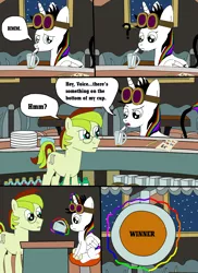 Size: 1700x2337 | Tagged: safe, artist:equestriaguy637, derpibooru import, oc, oc:lightning bliss, oc:voice of reason, unofficial characters only, alicorn, earth pony, pony, comic:a magic lesson gone wrong, alicorn oc, analysis bronies, chair, checklist, comic, cup, cutie mark, dish towel, dishes, glasses, goggles, levitation, magic, paper, plates, question mark, quill pen, sitting, speech bubble, stool, straw, table, talking, telekinesis, window