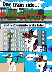 Size: 1700x2337 | Tagged: safe, artist:equestriaguy637, derpibooru import, oc, oc:lightning bliss, unofficial characters only, alicorn, pony, comic:a magic lesson gone wrong, alicorn oc, analysis bronies, baltimare, beach, bulding, cloud, comic, cutie mark, dialogue, flying scotsman, goggles, lamppost, offscreen character, question mark, sand, shorriaia, speech bubble, talking, train, water