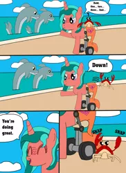 Size: 1700x2337 | Tagged: safe, artist:equestriaguy637, derpibooru import, oc, oc:ripple effect, unofficial characters only, crab, dolphin, pony, unicorn, comic:a magic lesson gone wrong, beach, cloud, comic, cutie mark, dialogue, dolphin's tail, sand, shorriaia, solo, speech bubble, talking, water, wheelchair