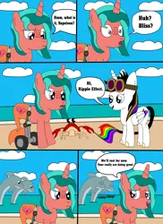 Size: 1700x2337 | Tagged: safe, artist:equestriaguy637, derpibooru import, oc, oc:lightning bliss, oc:ripple effect, unofficial characters only, alicorn, crab, dolphin, pony, unicorn, comic:a magic lesson gone wrong, alicorn oc, analysis bronies, beach, cloud, comic, cutie mark, dialogue, goggles, sand, shorriaia, speech bubble, talking, water, wheelchair