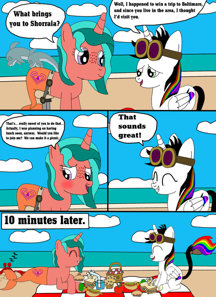 Size: 1700x2337 | Tagged: safe, artist:equestriaguy637, derpibooru import, oc, oc:lightning bliss, oc:ripple effect, unofficial characters only, alicorn, crab, dolphin, pony, unicorn, comic:a magic lesson gone wrong, alicorn oc, analysis bronies, apple, basket, beach, blushing, cake, carrot, carrot dog, cloud, comic, cutie mark, dialogue, drink, food, glass of water, goggles, lying, muffin, picnic, picnic basket, picnic blanket, sand, sandwich, shorriaia, sitting, sleeping, speech bubble, straw, talking, water, wheelchair, zzz