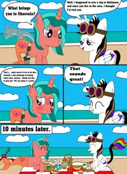 Size: 1700x2337 | Tagged: safe, artist:equestriaguy637, derpibooru import, oc, oc:lightning bliss, oc:ripple effect, unofficial characters only, alicorn, crab, dolphin, pony, unicorn, comic:a magic lesson gone wrong, alicorn oc, analysis bronies, apple, basket, beach, blushing, cake, carrot, carrot dog, cloud, comic, cutie mark, dialogue, drink, food, glass of water, goggles, lying, muffin, picnic, picnic basket, picnic blanket, sand, sandwich, shorriaia, sitting, sleeping, speech bubble, straw, talking, water, wheelchair, zzz