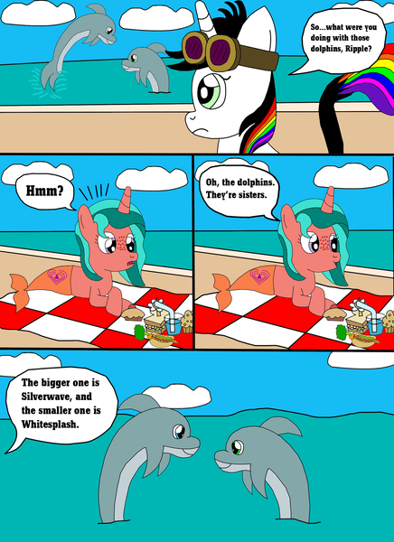 Size: 1700x2337 | Tagged: safe, artist:equestriaguy637, derpibooru import, oc, oc:lightning bliss, oc:ripple effect, unofficial characters only, alicorn, dolphin, pony, unicorn, comic:a magic lesson gone wrong, alicorn oc, analysis bronies, beach, cake, carrot, carrot dog, cloud, comic, cutie mark, dialogue, drink, food, glass of water, goggles, lying, muffin, picnic, picnic blanket, sand, sandwich, shorriaia, speech bubble, straw, talking, water