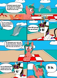 Size: 1700x2337 | Tagged: safe, artist:equestriaguy637, derpibooru import, oc, oc:lightning bliss, oc:ripple effect, unofficial characters only, alicorn, crab, dolphin, unicorn, comic:a magic lesson gone wrong, alicorn oc, analysis bronies, apple, beach, cake, cloud, comic, cutie mark, dialogue, drink, food, glass of water, goggles, lying, muffin, picnic, picnic blanket, sand, shorriaia, sitting, sleeping, speech bubble, straw, talking, water, zzz