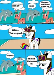 Size: 1700x2337 | Tagged: safe, artist:equestriaguy637, derpibooru import, oc, oc:lightning bliss, oc:ripple effect, unofficial characters only, alicorn, dolphin, unicorn, comic:a magic lesson gone wrong, alicorn oc, analysis bronies, beach, cloud, comic, cutie mark, dialogue, goggles, implied vulgar, sand, shorriaia, speech bubble, talking, water, wheelchair