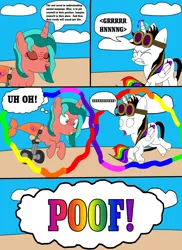 Size: 1700x2337 | Tagged: safe, artist:equestriaguy637, derpibooru import, oc, oc:lightning bliss, oc:ripple effect, unofficial characters only, alicorn, unicorn, comic:a magic lesson gone wrong, alicorn oc, analysis bronies, beach, cloud, comic, cutie mark, dialogue, goggles, levitation, magic, poof, sand, screaming, self-levitation, shorriaia, speech bubble, talking, telekinesis, thought bubble, wheelchair