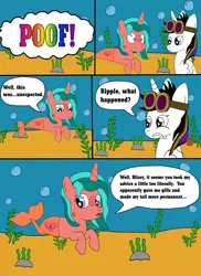 Size: 1700x2337 | Tagged: safe, artist:equestriaguy637, derpibooru import, oc, oc:lightning bliss, oc:ripple effect, unofficial characters only, alicorn, merpony, sea pony, unicorn, comic:a magic lesson gone wrong, alicorn oc, analysis bronies, bubble, comic, cutie mark, dialogue, food, gills, goggles, pineapple, poof, rock, seaponified, seaweed, species swap, speech bubble, spongebob joke, talking, underwater