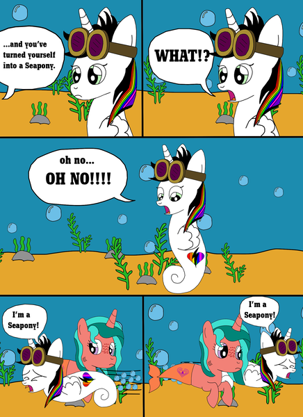 Size: 1700x2337 | Tagged: safe, artist:equestriaguy637, derpibooru import, oc, oc:lightning bliss, oc:ripple effect, unofficial characters only, alicorn, merpony, sea pony, unicorn, comic:a magic lesson gone wrong, alicorn oc, analysis bronies, bubble, comic, cutie mark, dialogue, gills, goggles, rock, screaming, seaponified, seaweed, species swap, speech bubble, swimming, talking, underwater