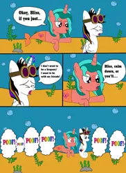 Size: 1700x2337 | Tagged: safe, artist:equestriaguy637, derpibooru import, oc, oc:lightning bliss, oc:ripple effect, unofficial characters only, alicorn, merpony, sea pony, unicorn, comic:a magic lesson gone wrong, alicorn oc, analysis bronies, bubble, comic, cutie mark, dialogue, gills, goggles, magic, poof, rock, seaponified, seaweed, species swap, speech bubble, talking, telekinesis, underwater