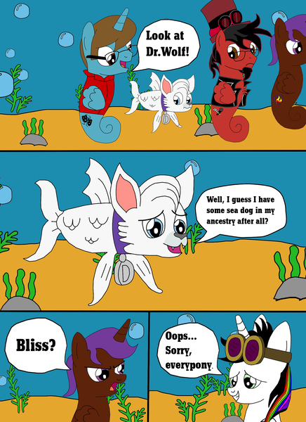 Size: 1700x2337 | Tagged: safe, artist:equestriaguy637, derpibooru import, oc, oc:dr. wolf, oc:eliyora, oc:lightning bliss, oc:thespio, oc:toonkriticy2k, unofficial characters only, alicorn, pegasus, pony, sea pony, unicorn, comic:a magic lesson gone wrong, alicorn oc, analysis bronies, bubble, clothes, collar, comic, cutie mark, dialogue, goggles, hat, jacket, red and black oc, rock, sea wolf, seaponified, seaweed, species swap, speech bubble, talking, top hat, underwater