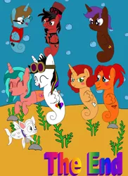Size: 1700x2337 | Tagged: safe, artist:equestriaguy637, derpibooru import, oc, oc:dr. wolf, oc:eliyora, oc:goldenfox, oc:keyframe, oc:lightning bliss, oc:ripple effect, oc:thespio, oc:toonkriticy2k, unofficial characters only, alicorn, merpony, pegasus, pony, sea pony, unicorn, comic:a magic lesson gone wrong, alicorn oc, analysis bronies, bubble, clothes, collar, comic, cutie mark, ending, gills, goggles, hat, jacket, red and black oc, rock, sea wolf, seaponified, seaweed, species swap, swimming, top hat, underwater