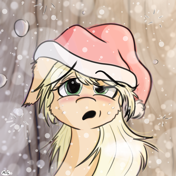 Size: 6000x6000 | Tagged: safe, artist:maneingreen, derpibooru import, applejack, absurd resolution, blushing, cheek fluff, christmas, drunk, drunk aj, ear fluff, fluffy, hat, holiday, santa hat, snow, wood