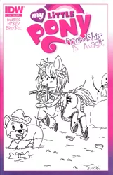 Size: 1235x1920 | Tagged: safe, artist:moonkitty, derpibooru import, oc, unofficial characters only, dog, pony, unicorn, black and white, bone, bow, christmas, clothes, comic cover, commission, converse, costume, dress, female, grayscale, hair bow, hat, holiday, hoofprints, mare, monochrome, pet, present, puppy, santa costume, santa hat, shoes, snow, snowman, traditional art