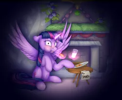 Size: 3400x2800 | Tagged: alicorn, artist:klarapl, belly button, caught, chimney, cookie, derpibooru import, everything is ruined, fireplace, food, glowing horn, light, magic, milk, night, note, plate, safe, santa claus, sitting, table, telekinesis, twilight sparkle, twilight sparkle (alicorn)