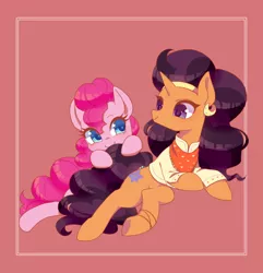 Size: 1200x1244 | Tagged: safe, artist:kkmrarar, derpibooru import, pinkie pie, saffron masala, earth pony, pony, unicorn, spice up your life, clothes, cute, diapinkes, ear piercing, earring, female, jewelry, lesbian, looking at each other, mare, piercing, red background, saffronbetes, saffronpie, shipping, simple background, smiling, that was fast