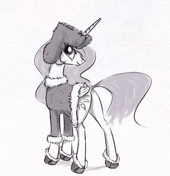 Size: 779x809 | Tagged: safe, artist:el-yeguero, derpibooru import, princess celestia, pony, female, hat, looking back, mare, monochrome, sketch, smiling, solo, ushanka, winter outfit