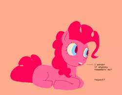 Size: 628x490 | Tagged: artist:pighead, derpibooru import, dialogue, pinkie pie, prone, requests, safe, simple background, solo