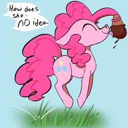 Size: 3000x3000 | Tagged: safe, artist:veesocks, derpibooru import, pinkie pie, earth pony, pony, 30 minute art challenge, because, blue background, bouncing, chocolate, cute, cutie mark, dialogue, female, food, grass, how, ice cream, mare, offscreen character, pinkie being pinkie, pinkie physics, prehensile mane, pronking, simple background, speech bubble