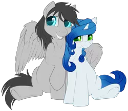 Size: 2036x1772 | Tagged: safe, artist:gleamydreams, derpibooru import, oc, oc:gleamy, oc:helicity, unofficial characters only, pegasus, pony, unicorn, 2018 community collab, derpibooru community collaboration, blushing, couple, gleamicity, looking at you, simple background, sitting, spread wings, transparent background, wings