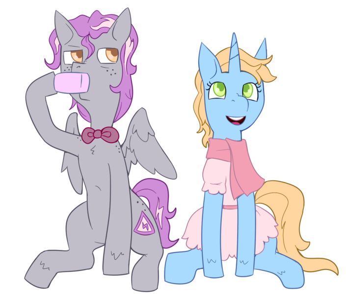 Size: 1229x1037 | Tagged: safe, artist:lawrence alpaca, derpibooru import, oc, oc:skydiver, oc:zeninji, unofficial characters only, pegasus, pony, unicorn, 2018 community collab, derpibooru community collaboration, bowtie, clothes, dress, duo, freckles, scarf, simple background, sitting, transparent background