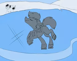 Size: 2500x2000 | Tagged: safe, artist:veesocks, derpibooru import, oc, unofficial characters only, clothes, coat, commission, ice, ice skating, image, monochrome, png, scarf, sketch, smiling, snow, snowpony