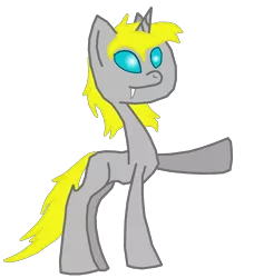 Size: 2284x2500 | Tagged: safe, derpibooru import, oc, oc:nickedbrass, unofficial characters only, changeling, unicorn, 2018 community collab, derpibooru community collaboration, changeling oc, fangs, raised hoof, simple background, solo, transparent background, white changeling