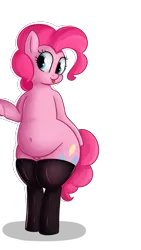 Size: 1080x1920 | Tagged: suggestive, artist:andelai, derpibooru import, pinkie pie, belly, belly button, bipedal, chubby, clothes, fat, female, image, latex, latex stockings, png, pudgy pie, simple background, solo, stockings, thigh highs, tongue out, transparent background, vector, wide hips