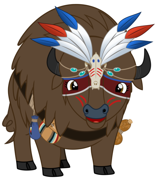 Size: 2600x3000 | Tagged: 2018 community collab, artist:cheezedoodle96, beads, belt, buffalo, buffalo oc, derpibooru community collaboration, derpibooru import, face paint, feather, female, gourd, headdress, looking at you, non-pony oc, oc, oc:laughing water, pouch, safe, shaman, simple background, smiling, solo, svg, .svg available, transparent background, unofficial characters only, vector, war paint