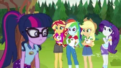 Size: 1280x720 | Tagged: safe, derpibooru import, screencap, applejack, rainbow dash, rarity, sci-twi, sunset shimmer, twilight sparkle, equestria girls, legend of everfree, camp everfree outfits, clothes, cowboy hat, crossed arms, freckles, hat, scenery, shorts, stetson