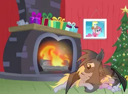 Size: 1525x1127 | Tagged: safe, artist:darktailsko, derpibooru import, derpy hooves, dinky hooves, oc, oc:fireworks, oc:silver shadow, canon x oc, children, christmas, christmas tree, cuddling, family, female, fireplace, food, hearth warming, holiday, male, muffin, silvergunner, straight, tree