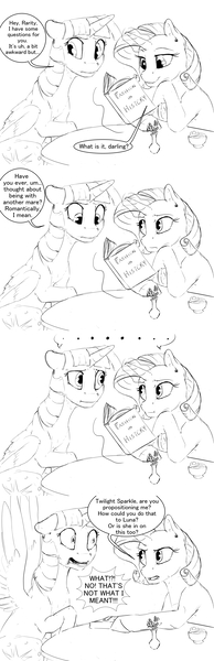 Size: 2640x8160 | Tagged: safe, artist:silfoe, derpibooru import, rarity, twilight sparkle, twilight sparkle (alicorn), alicorn, pony, unicorn, royal sketchbook, ..., :i, awkward moment, awkward silence, black and white, book, comic, dialogue, duo, female, glowing horn, grayscale, implied lesbian, implied shipping, implied twiluna, lineart, magic, mare, misunderstanding, monochrome, reading, simple background, speech bubble, telekinesis, underhoof, white background