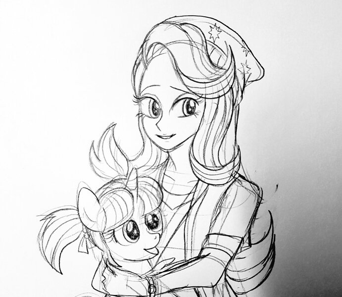 Size: 1024x889 | Tagged: safe, artist:mangoxlsxls16, derpibooru import, starlight glimmer, human, pony, unicorn, equestria girls, beanie, black and white, bow, carrying, female, filly, filly starlight glimmer, grayscale, hat, hug, human ponidox, monochrome, pigtails, ribbon, self ponidox, sketch, traditional art, younger