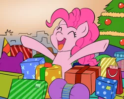 Size: 1000x800 | Tagged: safe, artist:empyu, derpibooru import, pinkie pie, pony, christmas, christmas tree, eyes closed, holiday, open mouth, present, smiling, solo, tree