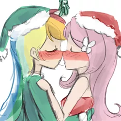 Size: 2000x2000 | Tagged: suggestive, artist:lumineko, color edit, derpibooru import, edit, fluttershy, rainbow dash, human, blushing, breasts, christmas, colored, drool, drool string, eyes closed, female, flutterdash, hat, holiday, humanized, kissing, lesbian, mistletoe, santa hat, shipping, sloppy kissing