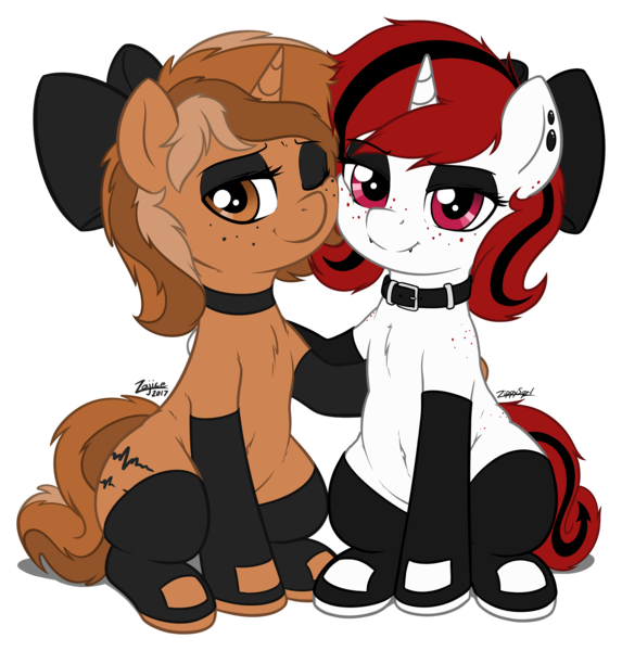 Size: 3763x3941 | Tagged: safe, artist:zajice, artist:zippysqrl, derpibooru import, oc, oc:lilith, oc:sign, unofficial characters only, pony, unicorn, 2018 community collab, derpibooru community collaboration, bow, cheek to cheek, clothes, collaboration, collar, cute, cute little fangs, duo, ear piercing, earring, eyeshadow, fangs, female, freckles, hair bow, hug, jewelry, lidded eyes, makeup, mare, one eye closed, piercing, simple background, sitting, smiling, socks, squishy cheeks, stockings, thigh highs, transparent background
