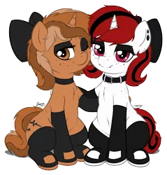 Size: 3763x3941 | Tagged: safe, artist:zajice, artist:zippysqrl, derpibooru import, oc, oc:lilith, oc:sign, unofficial characters only, pony, unicorn, 2018 community collab, derpibooru community collaboration, bow, cheek to cheek, clothes, collaboration, collar, cute, cute little fangs, duo, ear piercing, earring, eyeshadow, fangs, female, freckles, hair bow, hug, jewelry, lidded eyes, makeup, mare, one eye closed, piercing, simple background, sitting, smiling, socks, squishy cheeks, stockings, thigh highs, transparent background