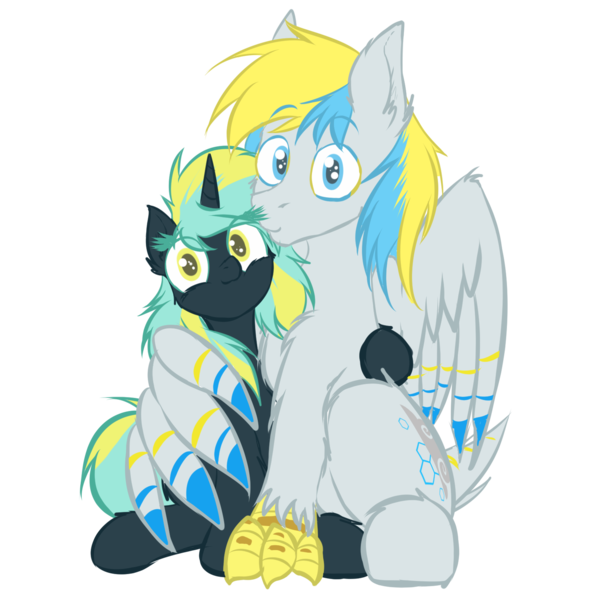 Size: 1600x1600 | Tagged: safe, artist:frist44, derpibooru import, oc, oc:cirrus sky, oc:electro current, unofficial characters only, hippogriff, pony, unicorn, 2018 community collab, derpibooru community collaboration, cirrent, duo, hug, looking at you, shipping, simple background, size difference, talons, transparent background, winghug