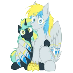 Size: 1600x1600 | Tagged: safe, artist:frist44, derpibooru import, oc, oc:cirrus sky, oc:electro current, unofficial characters only, hippogriff, pony, unicorn, 2018 community collab, derpibooru community collaboration, cirrent, duo, hug, looking at you, shipping, simple background, size difference, talons, transparent background, winghug