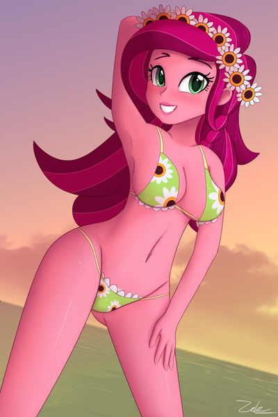 Size: 845x1267 | Tagged: suggestive, artist:zelc-face, derpibooru import, gloriosa daisy, equestria girls, legend of everfree, adorasexy, alternative cutie mark placement, armpits, belly button, bicolor swimsuit, bikini, blushing, breasts, busty gloriosa daisy, clothes, crotchmark, cute, daisybetes, female, flower, flower in hair, flower pattern swimsuit, frilled swimsuit, green swimsuit, long hair, looking at you, sexy, smiling, solo, solo female, stupid sexy gloriosa daisy, swimsuit, underass, zelc-face's swimsuits