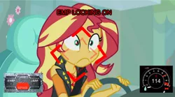 Size: 640x357 | Tagged: safe, derpibooru import, sunset shimmer, driving miss shimmer, equestria girls, equestria girls series, car, driving miss shimmer: fluttershy, emp, imminent murder, meme, need for speed, need for speed: hot pursuit, oh shit, shocked, this will end in pain, this will not end well