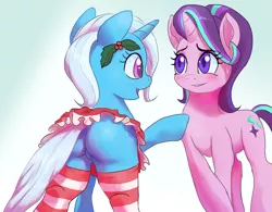 Size: 1267x987 | Tagged: suggestive, artist:raikoh, derpibooru import, starlight glimmer, trixie, pony, unicorn, adorasexy, blushing, clothes, cute, diatrixes, featureless crotch, female, glimmerbetes, holly, looking at each other, mare, open mouth, plot, raised hoof, sexy, smiling, socks, striped socks, the great and powerful ass, zettai ryouiki